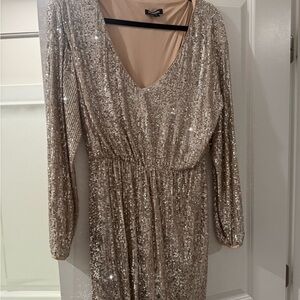 Express Gold Sequin Sheath Mini Dress with Bishop Sleeves
